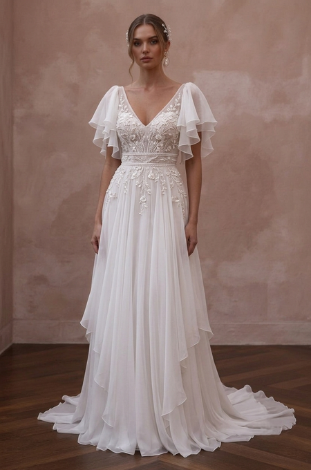 Flutter Sleeve Wedding Dresses with Soft Chiffon Layers