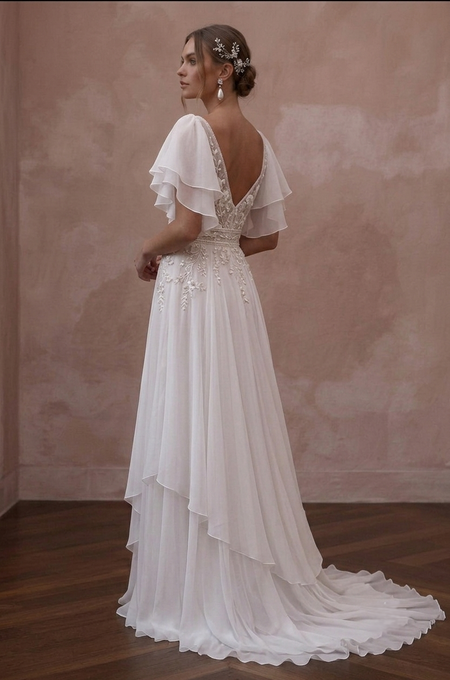 Flutter Sleeve Wedding Dresses with Soft Chiffon Layers