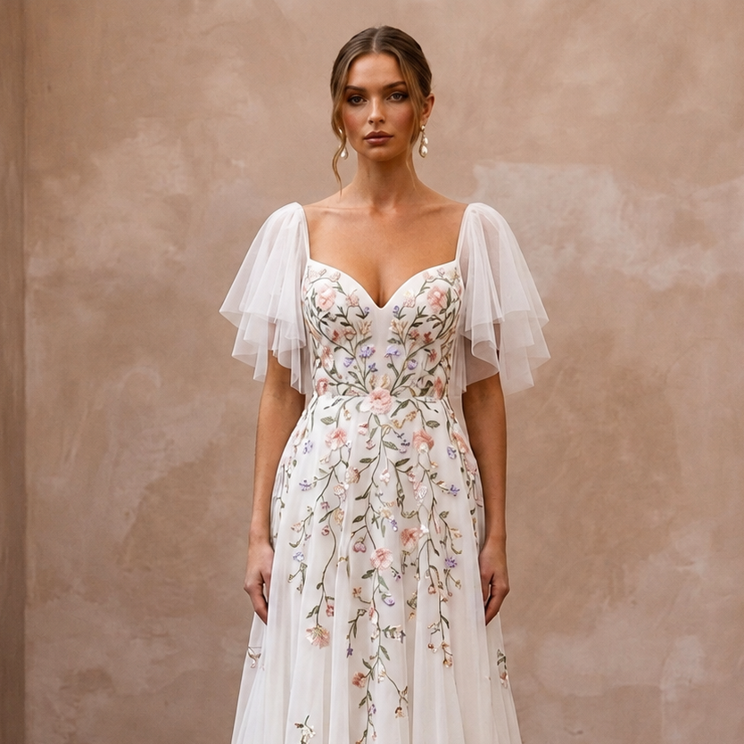 Flutter Sleeve Wedding Dress with Floral Embroidery - Apparel & Accessories > Clothing > Wedding & Bridal Party Dresses > Wedding Dresses - Mignonette Bridal