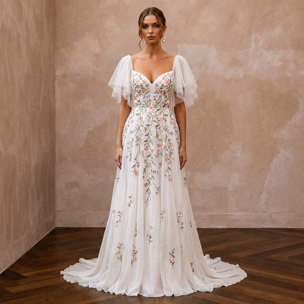 Flutter Sleeve Wedding Dress with Floral Embroidery - Apparel & Accessories > Clothing > Wedding & Bridal Party Dresses > Wedding Dresses - Mignonette Bridal