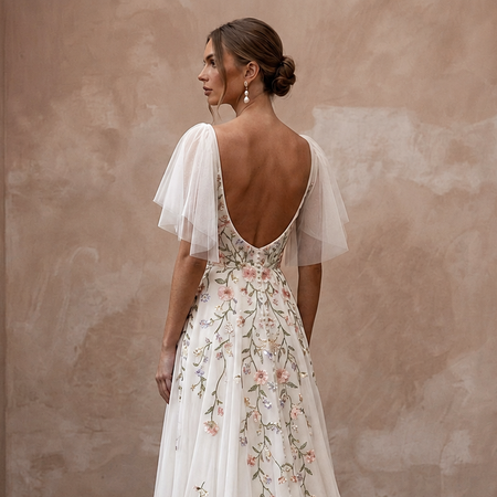 Flutter Sleeve Wedding Dress with Floral Embroidery - Apparel & Accessories > Clothing > Wedding & Bridal Party Dresses > Wedding Dresses - Mignonette Bridal