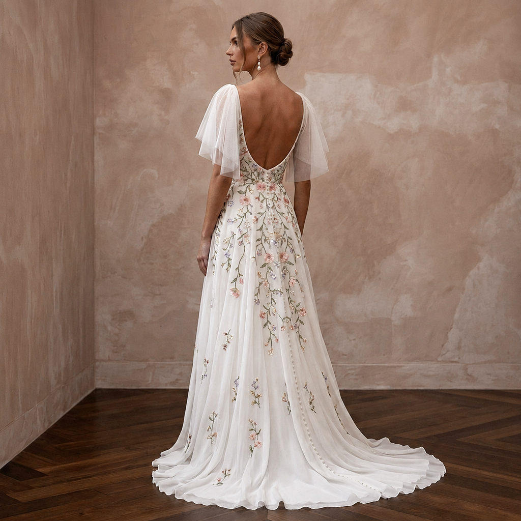 Flutter Sleeve Wedding Dress with Floral Embroidery - Apparel & Accessories > Clothing > Wedding & Bridal Party Dresses > Wedding Dresses - Mignonette Bridal