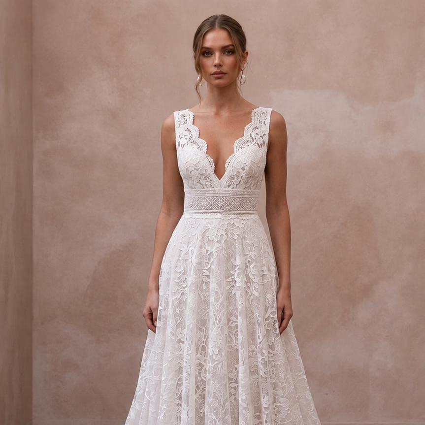 Formal Lace Wedding Dress with Chapel Train for a Ballroom Ceremony