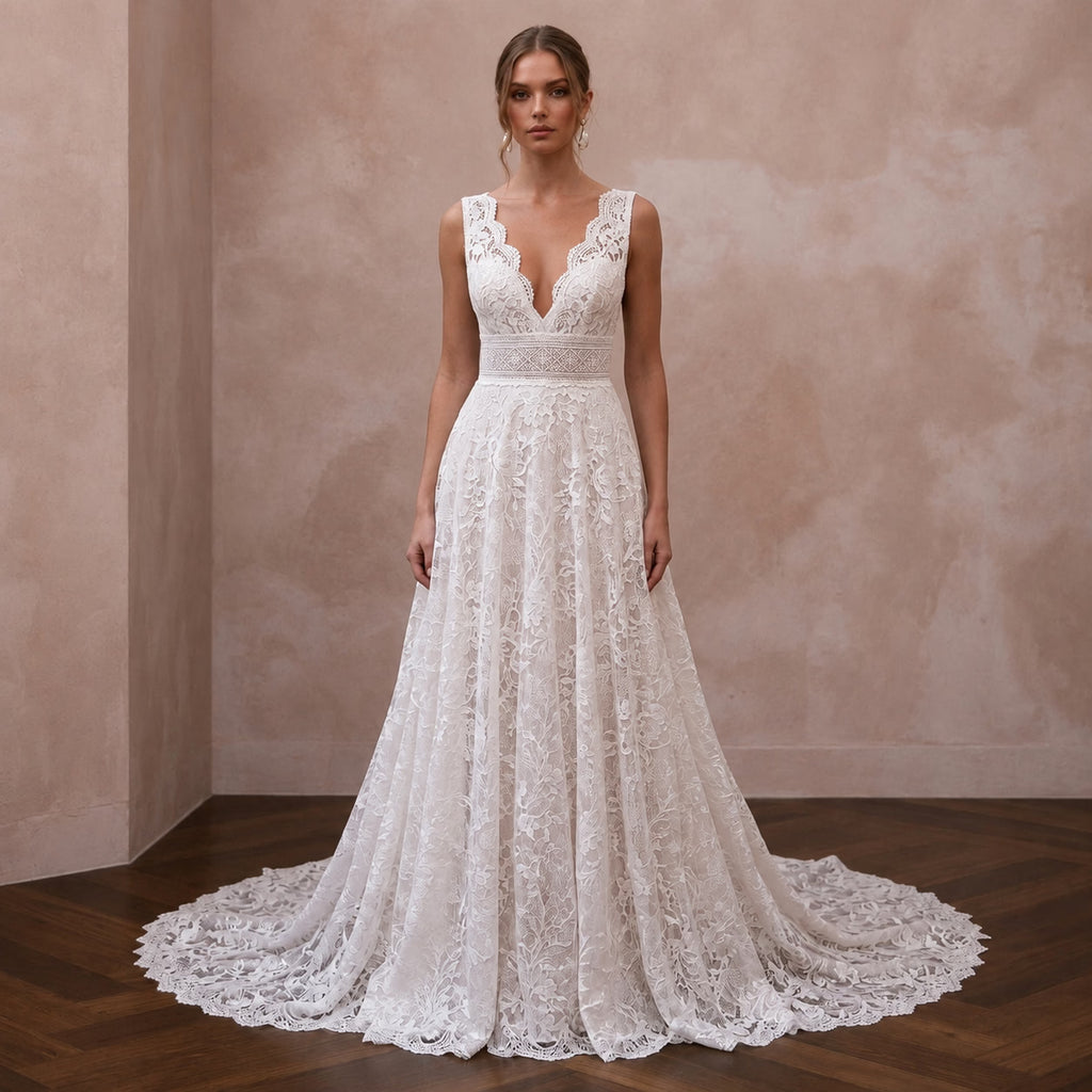 Formal Lace Wedding Dress with Chapel Train for a Ballroom Ceremony