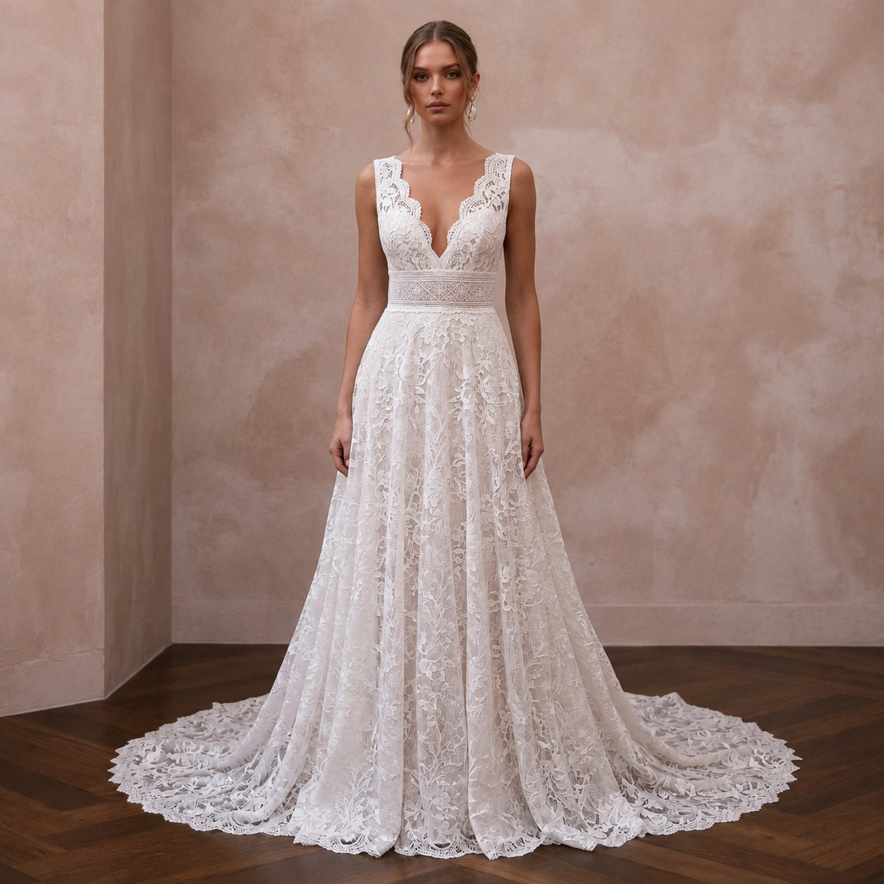 Formal Lace Wedding Dress with Chapel Train for a Ballroom Ceremony