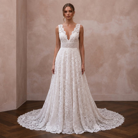 Formal Lace Wedding Dress with Chapel Train for a Ballroom Ceremony