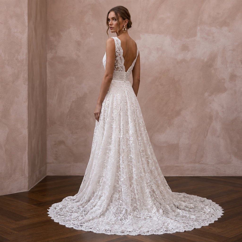 Formal Lace Wedding Dress with Chapel Train for a Ballroom Ceremony