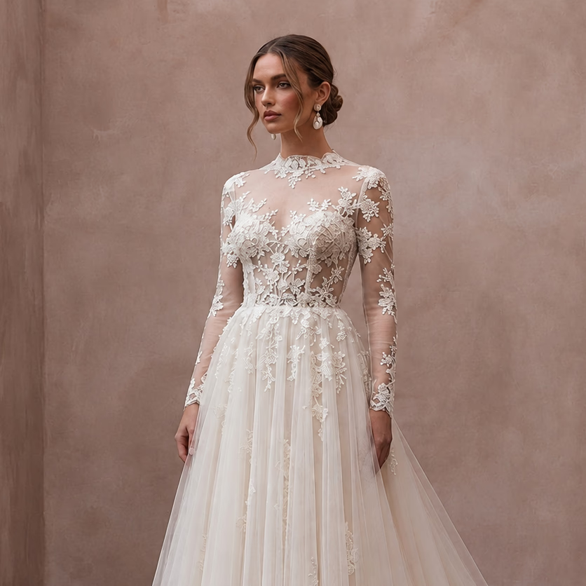 Formal Tulle Wedding Gown with Chapel Train for a Church Ceremony