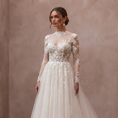 Formal Tulle Wedding Gown with Chapel Train for a Church Ceremony