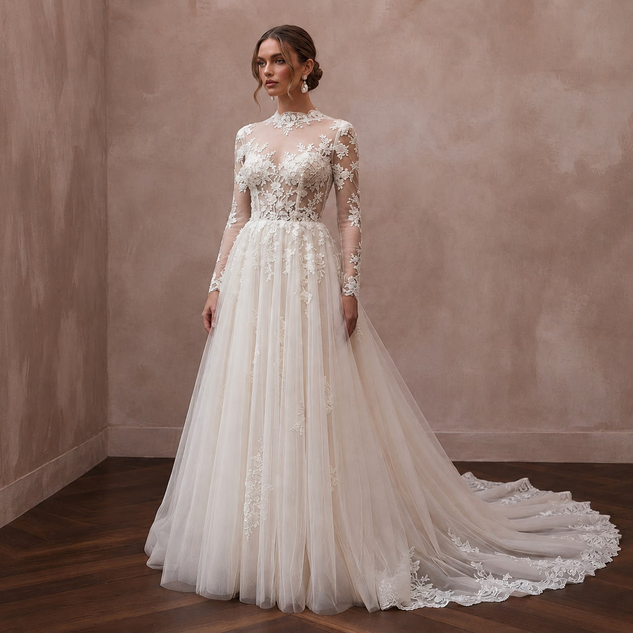 Formal Tulle Wedding Gown with Chapel Train for a Church Ceremony