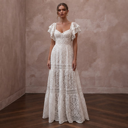 Free - Spirited White Cotton Lace Maxi Dress for Rehearsal - Apparel & Accessories > Clothing > Wedding & Bridal Party Dresses > Wedding Dresses - Mignonette Bridal