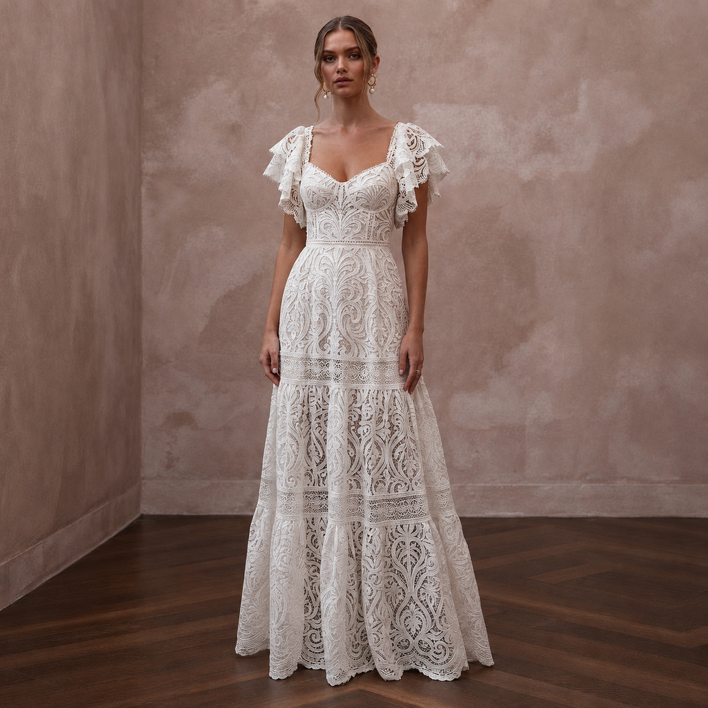 Free-Spirited White Cotton Lace Maxi Dress for Rehearsal