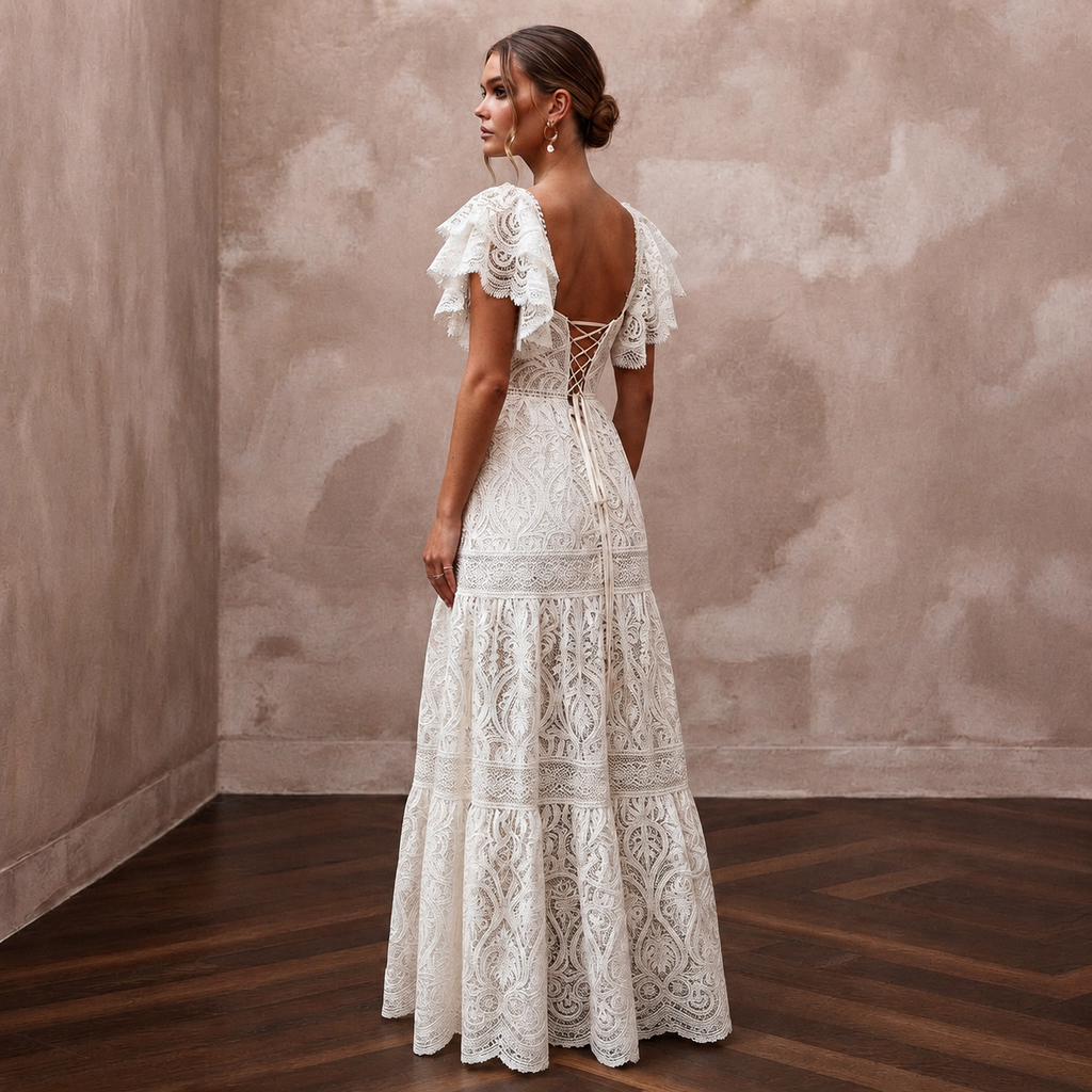 Free-Spirited White Cotton Lace Maxi Dress for Rehearsal