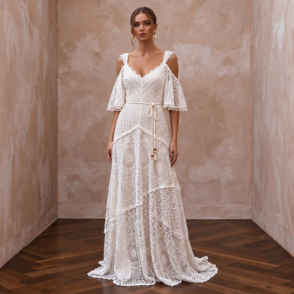Free-Spirited White Cotton Lace Maxi Wedding Dress for Rehearsal