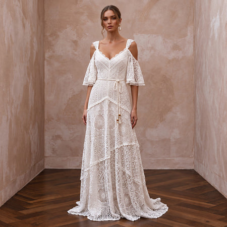 Free-Spirited White Cotton Lace Maxi Wedding Dress for Rehearsal