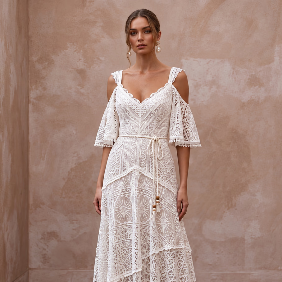 Free-Spirited White Cotton Lace Maxi Wedding Dress for Rehearsal