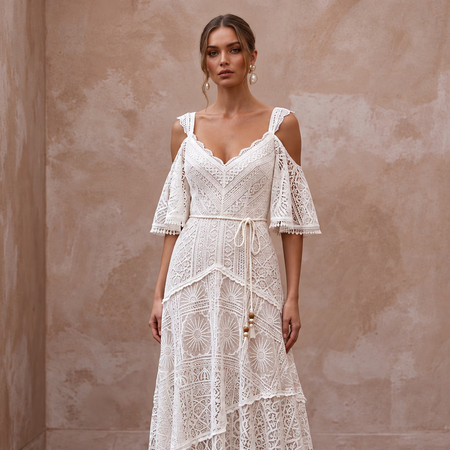 Free-Spirited White Cotton Lace Maxi Wedding Dress for Rehearsal