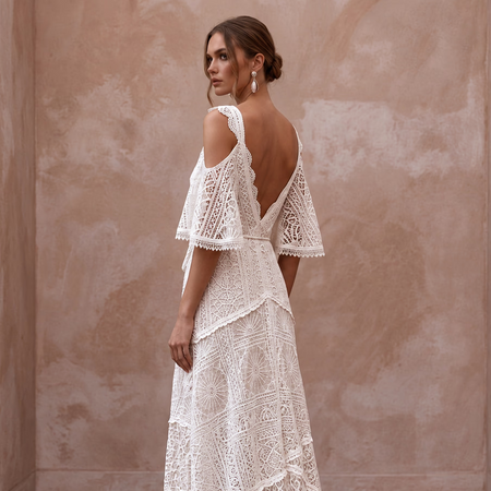 Free-Spirited White Cotton Lace Maxi Wedding Dress for Rehearsal