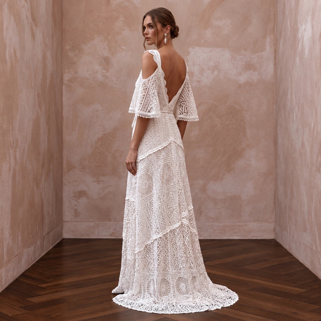 Free-Spirited White Cotton Lace Maxi Wedding Dress for Rehearsal
