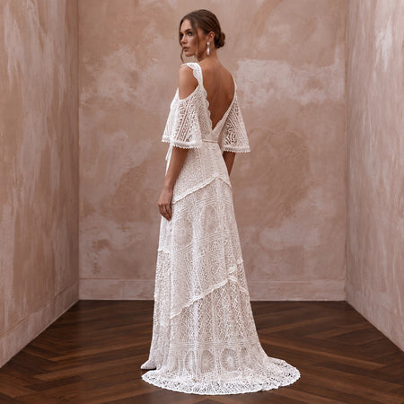 Free-Spirited White Cotton Lace Maxi Wedding Dress for Rehearsal