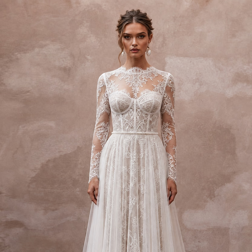 French Chantilly Lace Wedding Dresses with Vintage Beauty - Apparel & Accessories > Clothing > Wedding & Bridal Party Dresses > Wedding Dresses - Mignonette