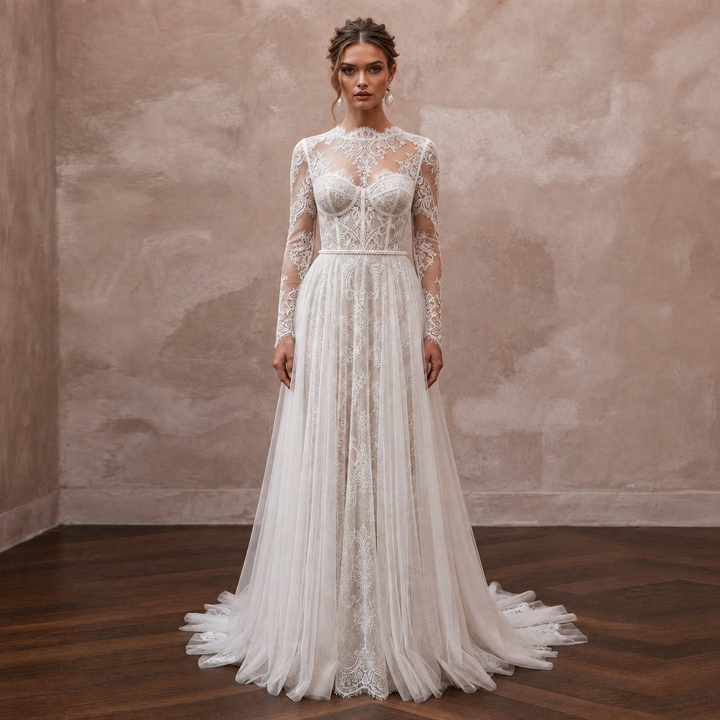 French Chantilly Lace Wedding Dresses with Vintage Beauty - Apparel & Accessories > Clothing > Wedding & Bridal Party Dresses > Wedding Dresses - Mignonette