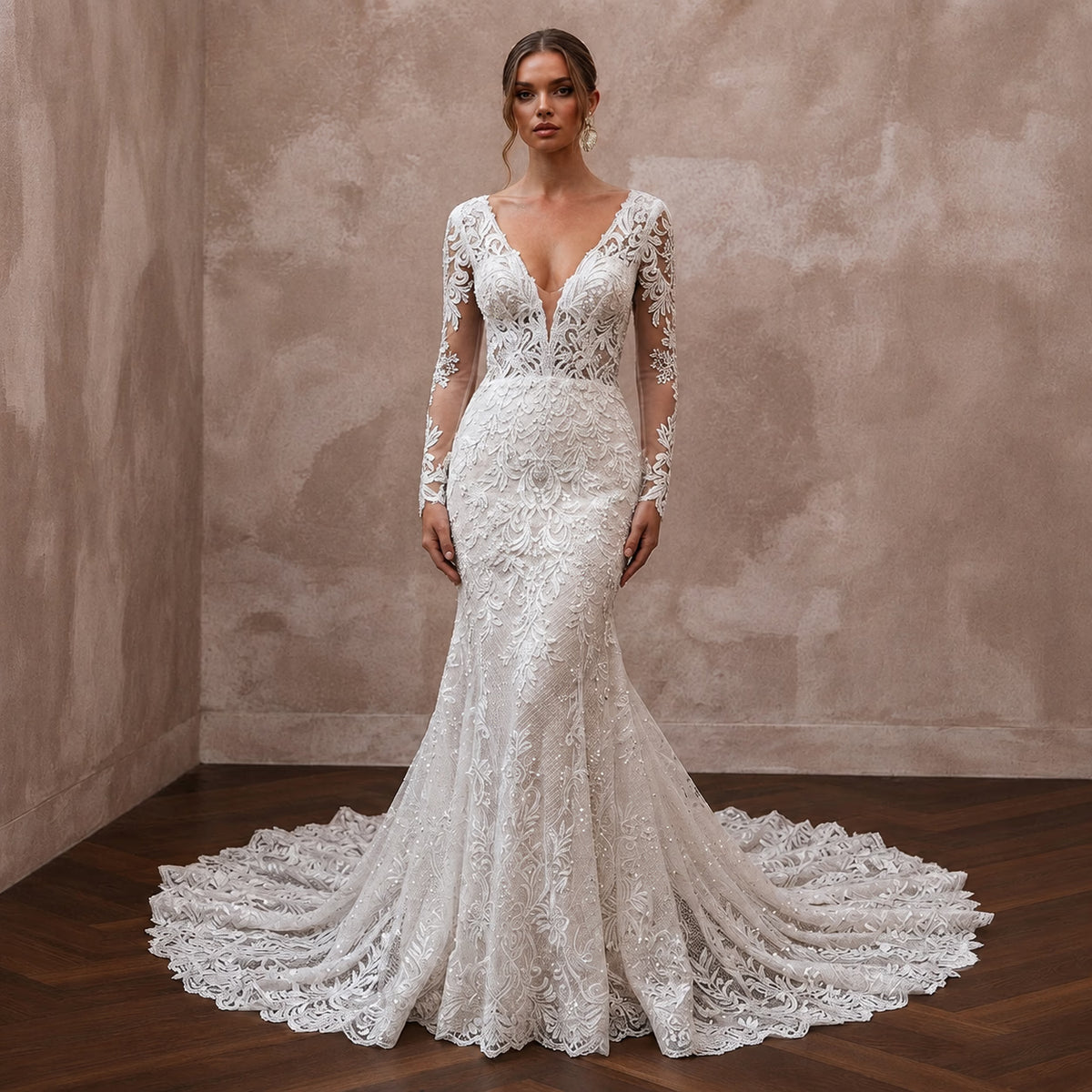 French Lace Mermaid Wedding Dresses with Elegant Trains - Apparel & Accessories > Clothing > Wedding & Bridal Party Dresses > Wedding Dresses - Mignonette Bridal Main image