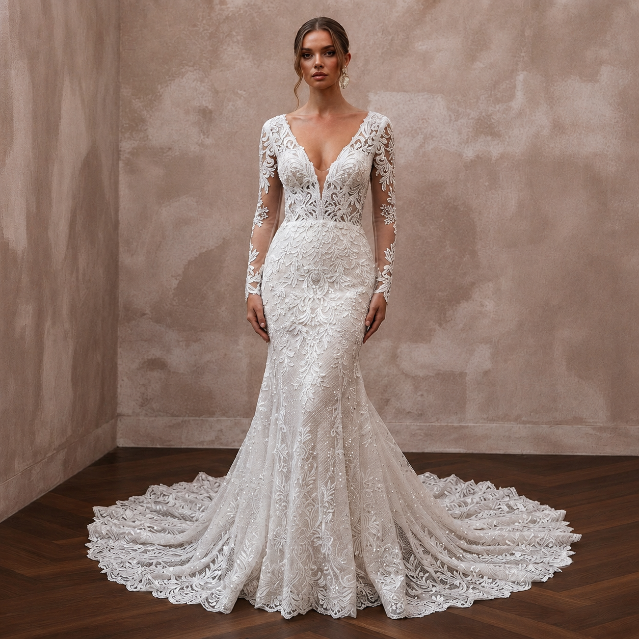 French Lace Mermaid Wedding Dresses with Elegant Trains Main image