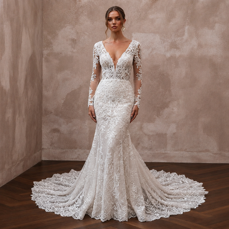French Lace Mermaid Wedding Dresses with Elegant Trains