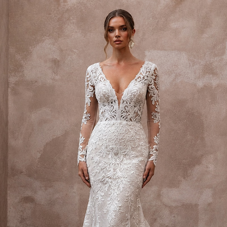 French Lace Mermaid Wedding Dresses with Elegant Trains - Apparel & Accessories > Clothing > Wedding & Bridal Party Dresses > Wedding Dresses - Mignonette Bridal