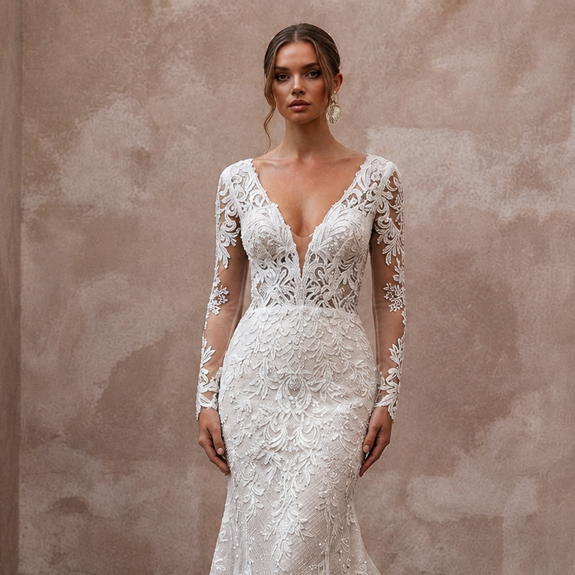 French Lace Mermaid Wedding Dresses with Elegant Trains