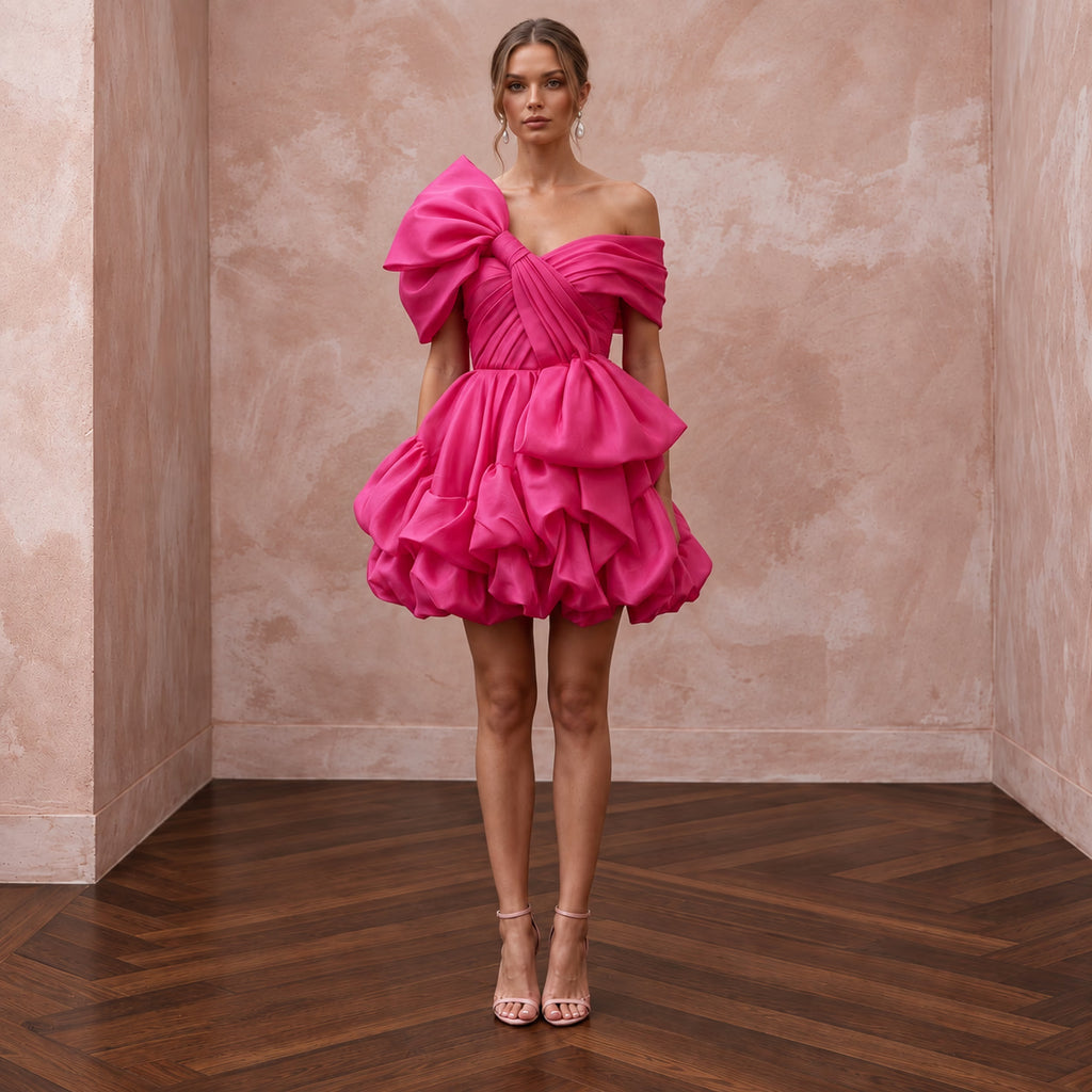 Fuchsia Pink Organza Oversized Bow Mini Dress for Bachelorette Party - Apparel & Accessories > Clothing > Wedding & Bridal Party Dresses > Wedding Dresses - Mignonette Bridal