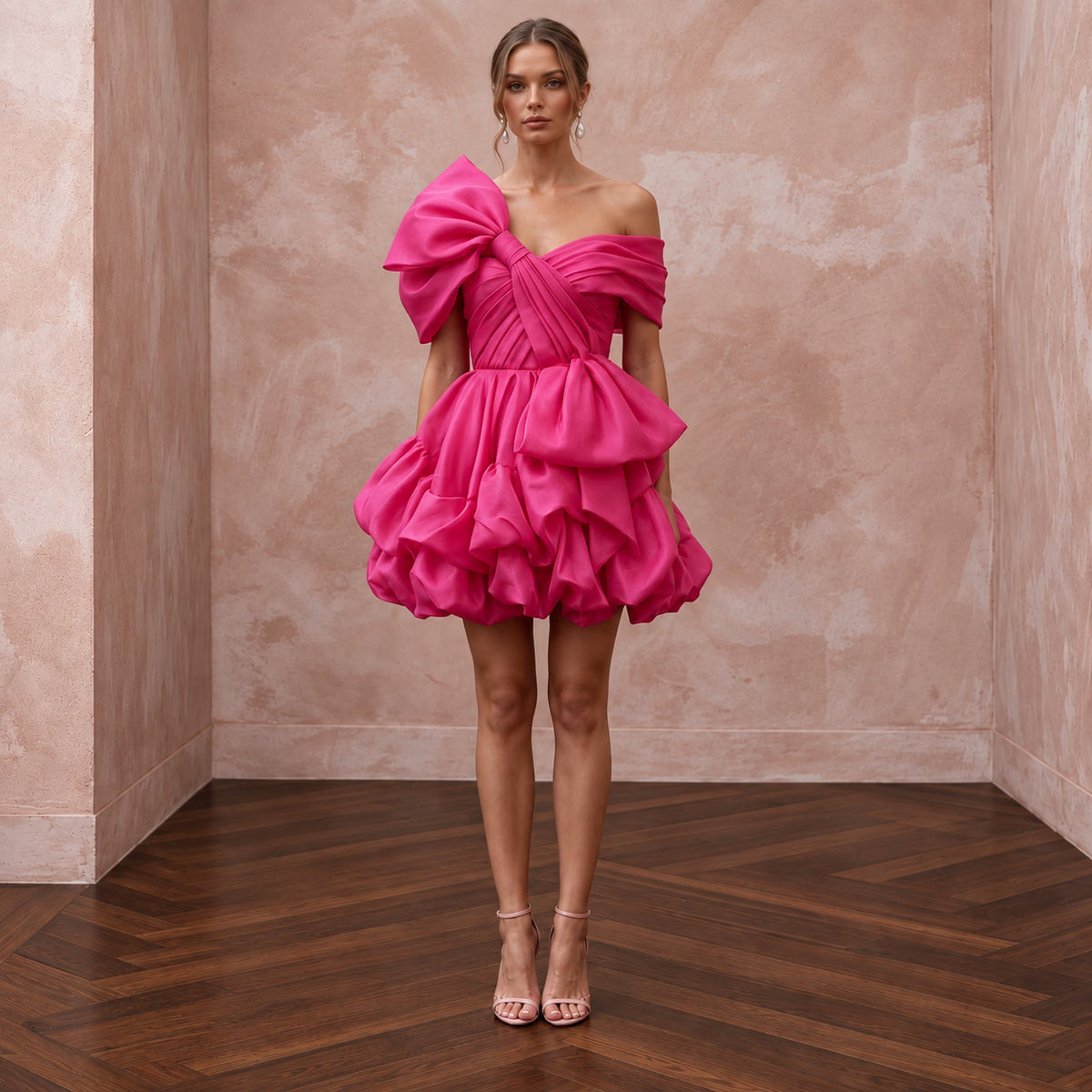 Fuchsia Pink Organza Oversized Bow Mini Dress for Bachelorette Party - Apparel & Accessories > Clothing > Wedding & Bridal Party Dresses > Wedding Dresses - Mignonette Bridal