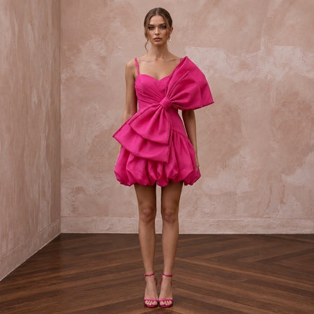 Fuchsia Pink Organza Oversized Bow Mini Dress for Bachelorette Party - Apparel & Accessories > Clothing > Wedding & Bridal Party Dresses > Wedding Dresses - Mignonette Bridal