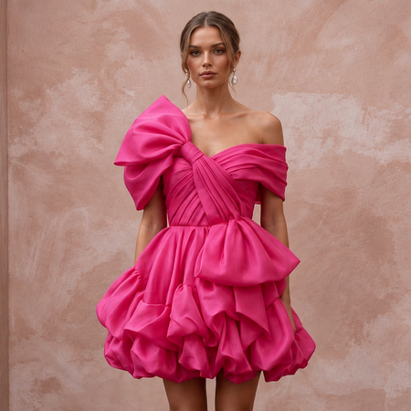 Fuchsia Pink Organza Oversized Bow Mini Dress for Bachelorette Party - Apparel & Accessories > Clothing > Wedding & Bridal Party Dresses > Wedding Dresses - Mignonette Bridal