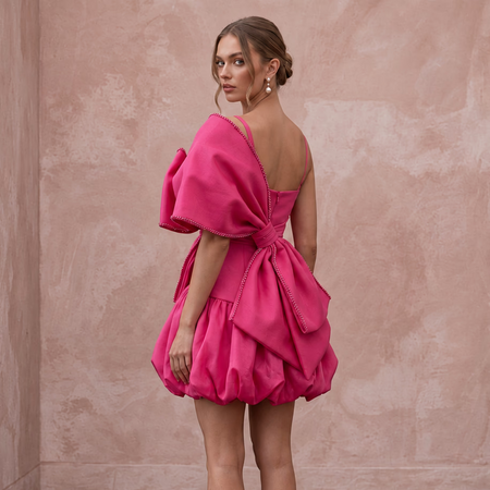 Fuchsia Pink Organza Oversized Bow Mini Dress for Bachelorette Party - Apparel & Accessories > Clothing > Wedding & Bridal Party Dresses > Wedding Dresses - Mignonette Bridal