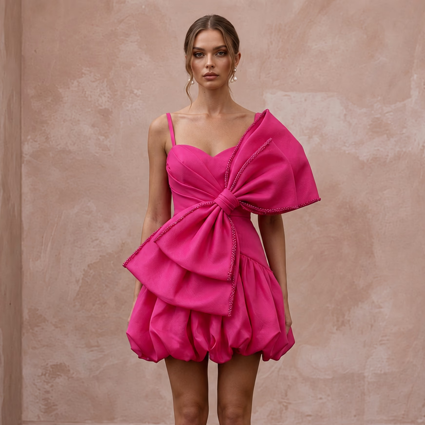Fuchsia Pink Organza Oversized Bow Mini Dress for Bachelorette Party - Apparel & Accessories > Clothing > Wedding & Bridal Party Dresses > Wedding Dresses - Mignonette Bridal