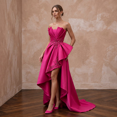 Fuchsia Pink Sculptural Mikado High - Low Hem Cocktail Dress - Apparel & Accessories > Clothing > Wedding & Bridal Party Dresses > Wedding Dresses - Mignonette Bridal
