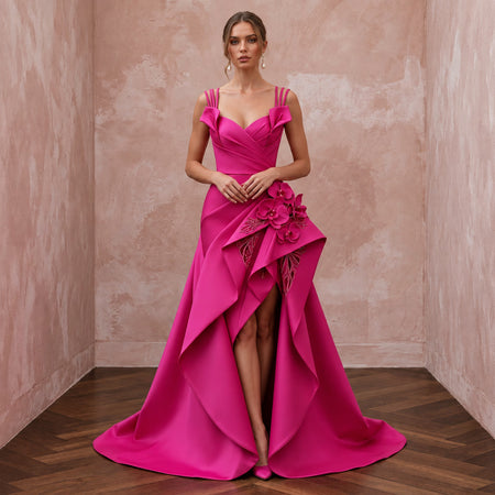 Fuchsia Pink Sculptural Mikado High-Low Hem Cocktail Dress