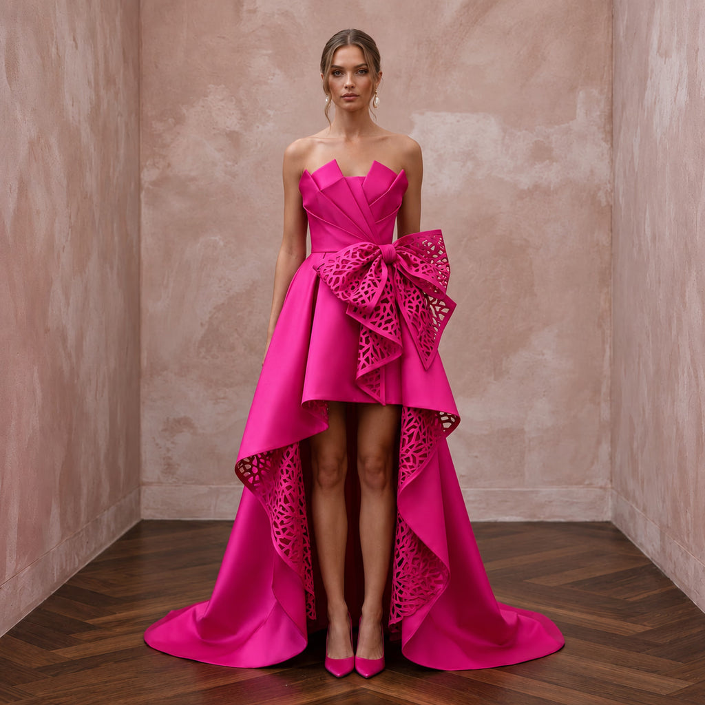 Fuchsia Pink Sculptural Mikado High-Low Hem Cocktail Dress