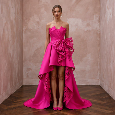 Fuchsia Pink Sculptural Mikado High-Low Hem Cocktail Dress
