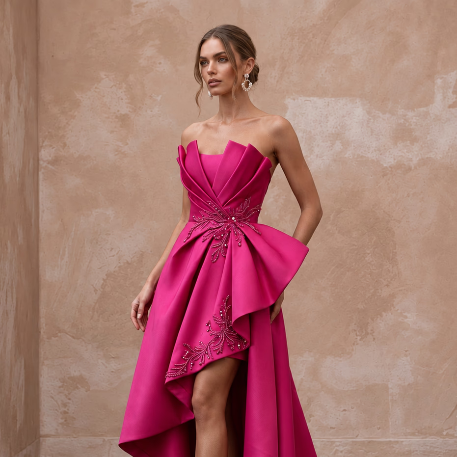 Fuchsia Pink Sculptural Mikado High - Low Hem Cocktail Dress - Apparel & Accessories > Clothing > Wedding & Bridal Party Dresses > Wedding Dresses - Mignonette Bridal