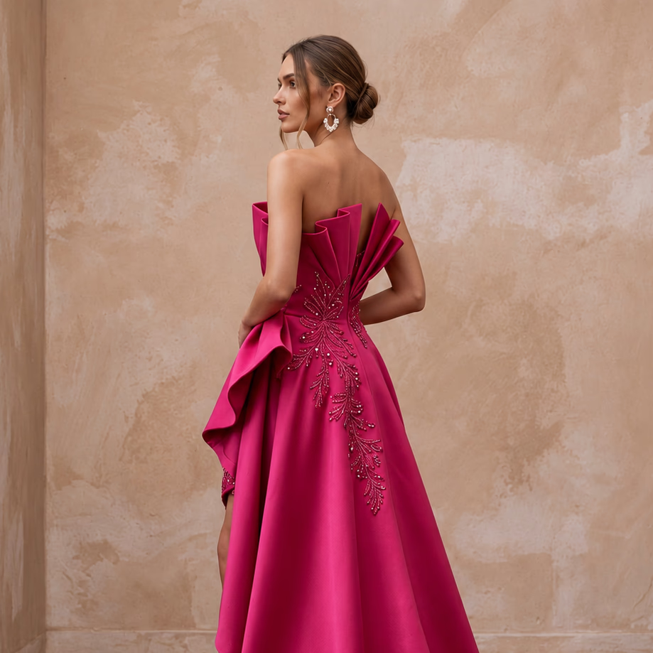 Fuchsia Pink Sculptural Mikado High - Low Hem Cocktail Dress - Apparel & Accessories > Clothing > Wedding & Bridal Party Dresses > Wedding Dresses - Mignonette Bridal