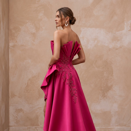 Fuchsia Pink Sculptural Mikado High - Low Hem Cocktail Dress - Apparel & Accessories > Clothing > Wedding & Bridal Party Dresses > Wedding Dresses - Mignonette Bridal