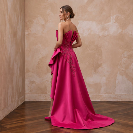 Fuchsia Pink Sculptural Mikado High - Low Hem Cocktail Dress - Apparel & Accessories > Clothing > Wedding & Bridal Party Dresses > Wedding Dresses - Mignonette Bridal