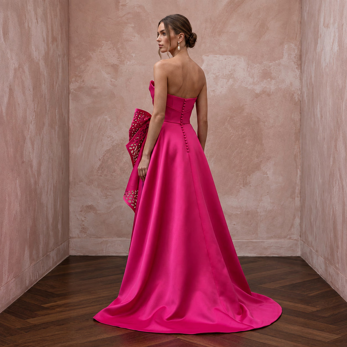 Fuchsia Pink Sculptural Mikado High-Low Hem Cocktail Dress