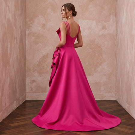 Fuchsia Pink Sculptural Mikado High-Low Hem Cocktail Dress
