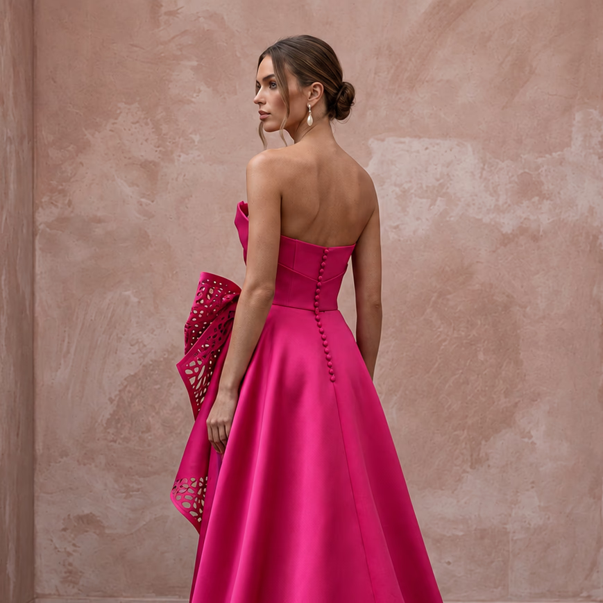 Fuchsia Pink Sculptural Mikado High-Low Hem Cocktail Dress