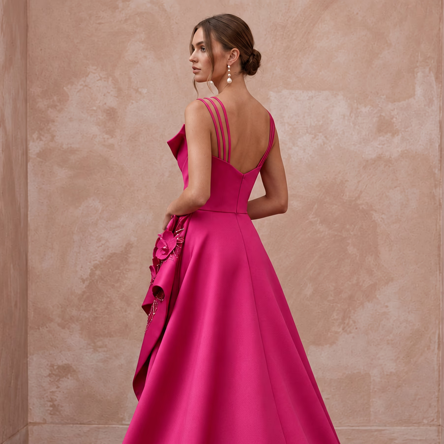 Fuchsia Pink Sculptural Mikado High-Low Hem Cocktail Dress