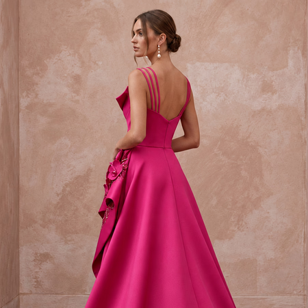 Fuchsia Pink Sculptural Mikado High-Low Hem Cocktail Dress